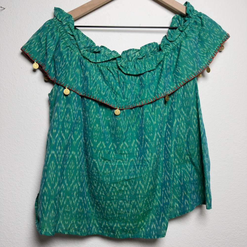 THML Women Preppy Top Medium Green Ikat Off The Shoulder Ruffle Embellishment - Picture 4 of 7